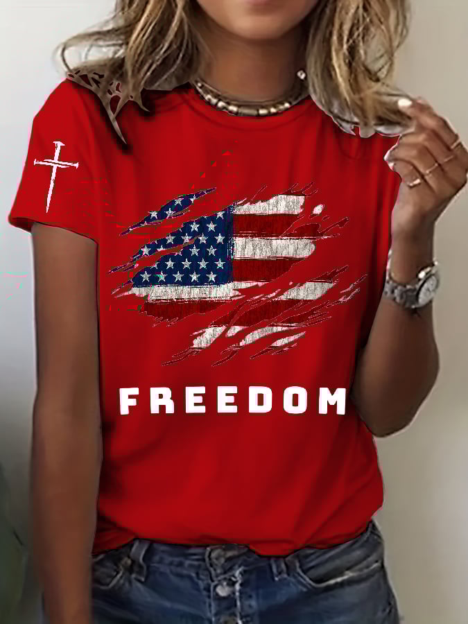 Women's Freedom American Flag Print Casual T-shirt