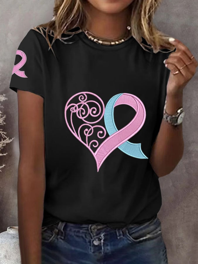 Women's Breast Cancer Awareness Love Pink Ribbon Print Casual T-Shirt