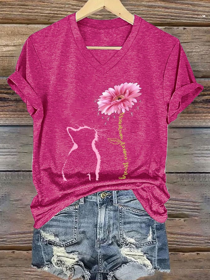 V-neck Retro Breast Cancer Awareness Cat Barberton Daisy Print T-Shirt