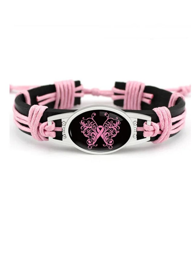 Pink Ribbon Breast Cancer Hand Woven Cow Leather Bracelet