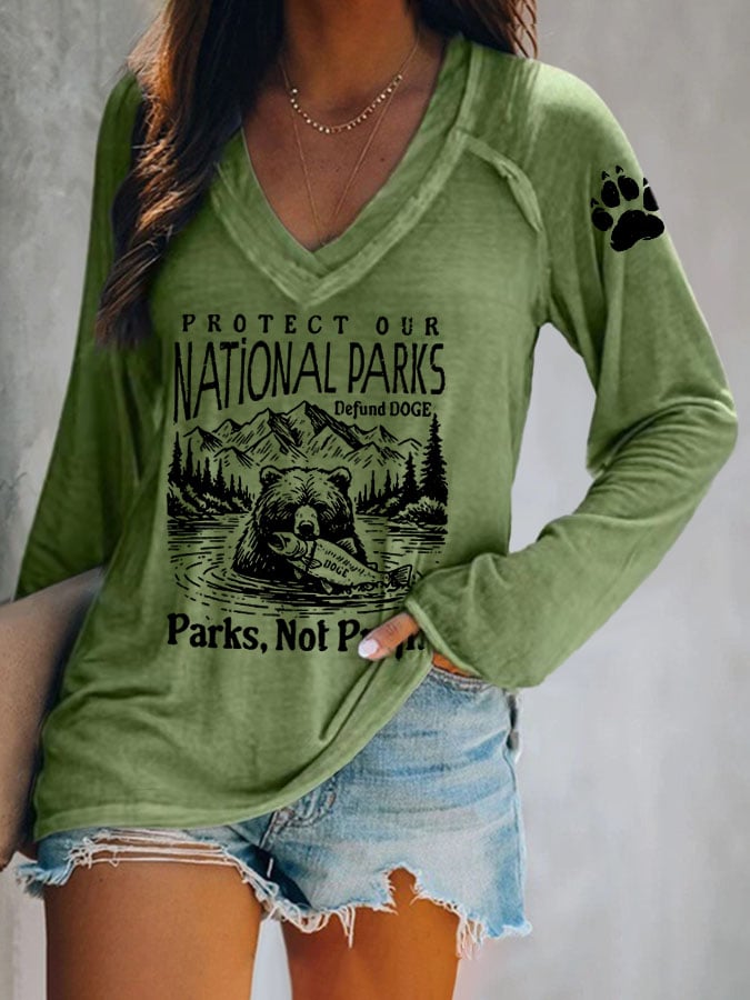 Women's Protect Our National Parks Print V Neck T-Shirt