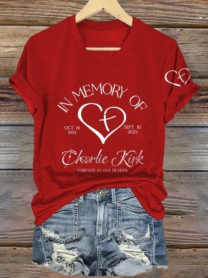 V-Neck Retro Forever In Our Hearts Print T-Shirt