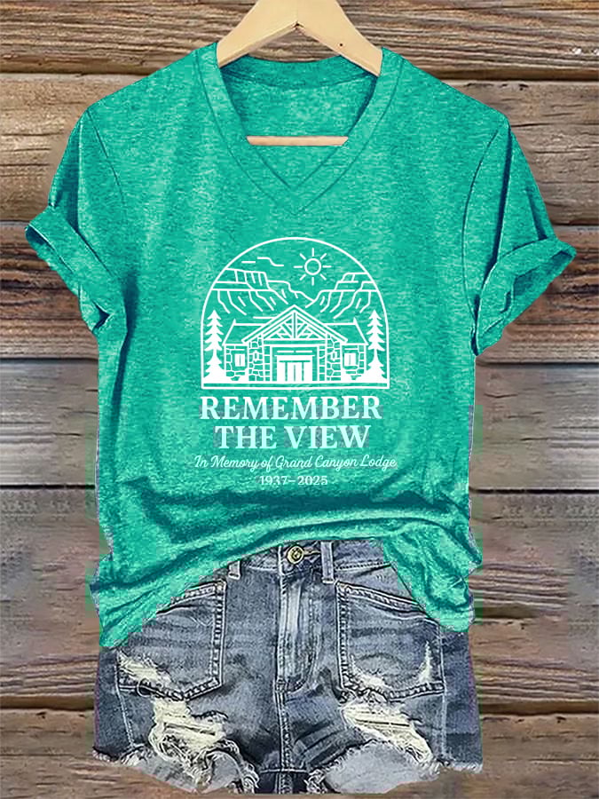 V-Neck Retro Remember The View In Memory Of Grand Canyon Lodge 1937-2025 Print T-Shirt