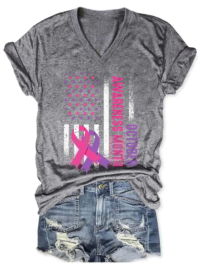 V-neck Women October Breast Cancer & Domestic Violence Awareness Month T-Shirt