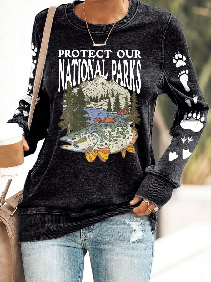 Women's Protect Our National Parks Print Round Neck Sweatshirt