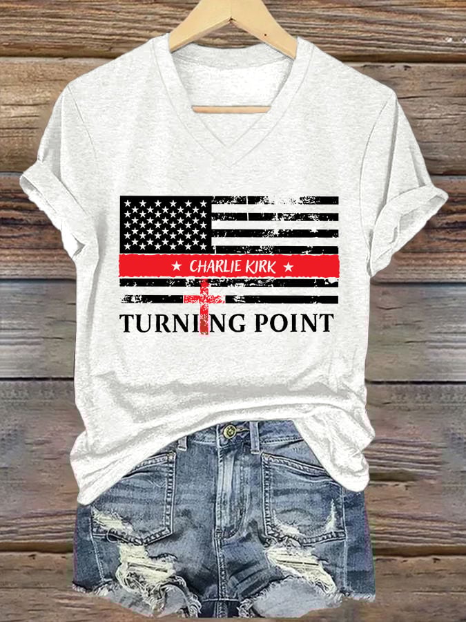 V-Neck Retro Faith Flag Cross America This Is The Turning Point Print T-Shirt