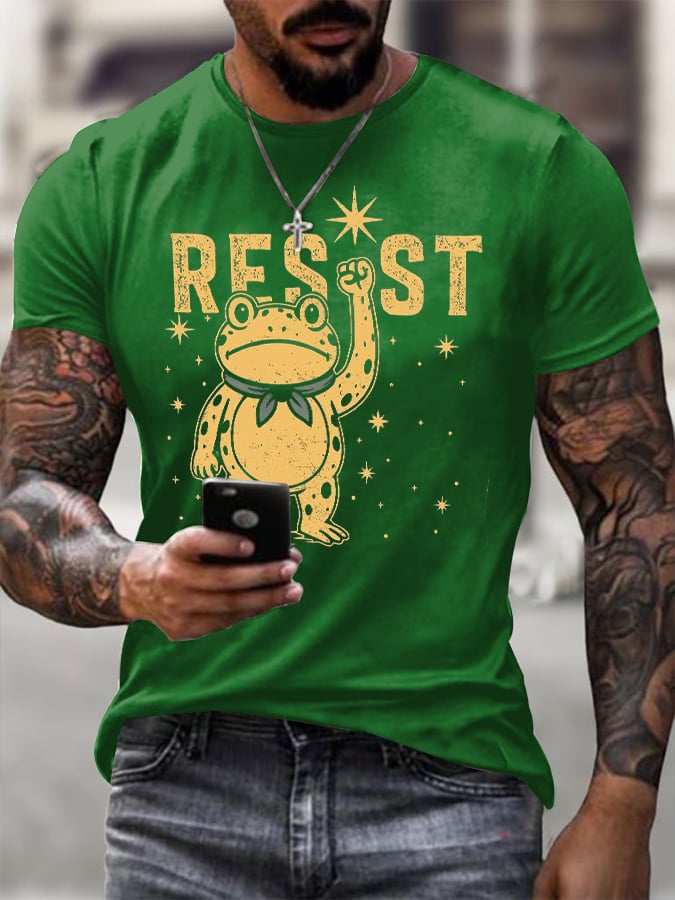 Men's Retro Resist Frog Printed Round Neck T-Shirt