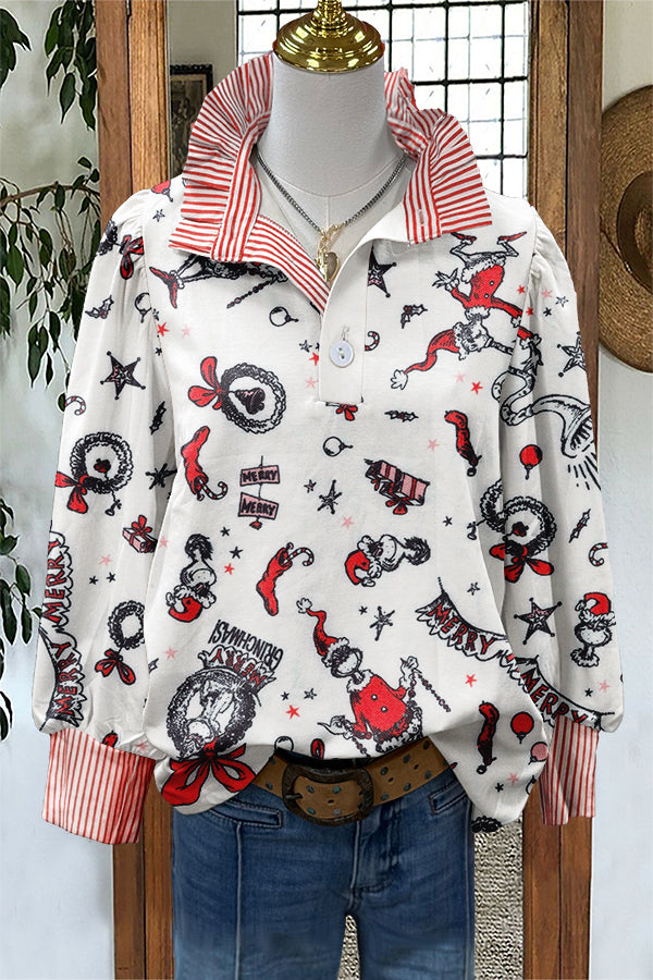 Classic Christmas Grinch Print Stripe Puff Sleeve Blouse