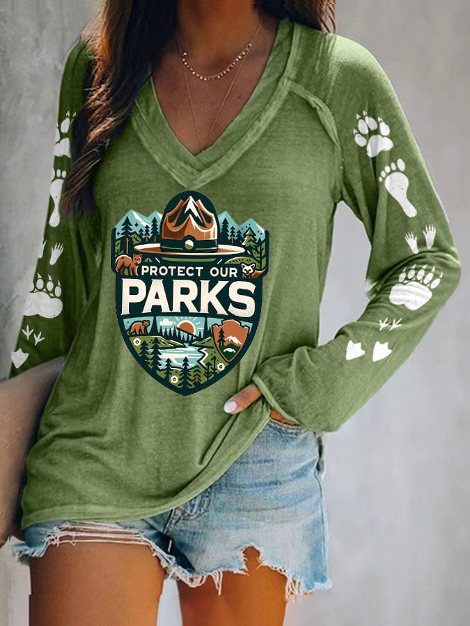 Women's Protect Our National Parks Print V Neck T-Shirt