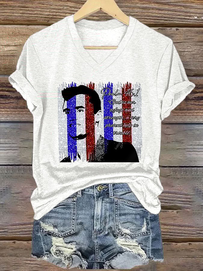 V-Neck Retro God Is Our Refuge And Strength, A Very Present Help In Trouble Print T-Shirt