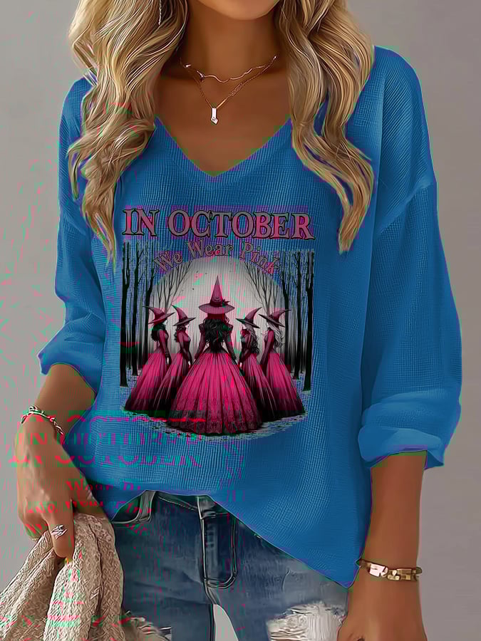 Women's Casual Pink Witch October We Wear Pink Waffle Long Sleeve T-shirt