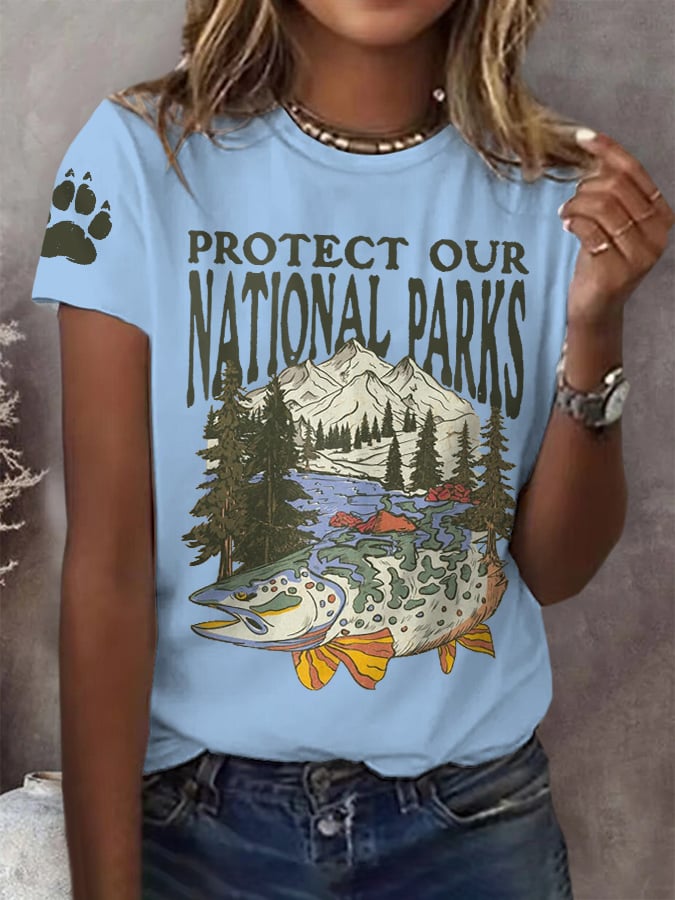 Women's Protect Our National Parks Print Round Neck T-Shirt
