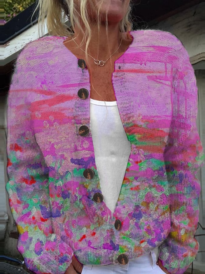 Women's Pink Art Oil Painting Breast Cancer Sweater Knit Cardigan