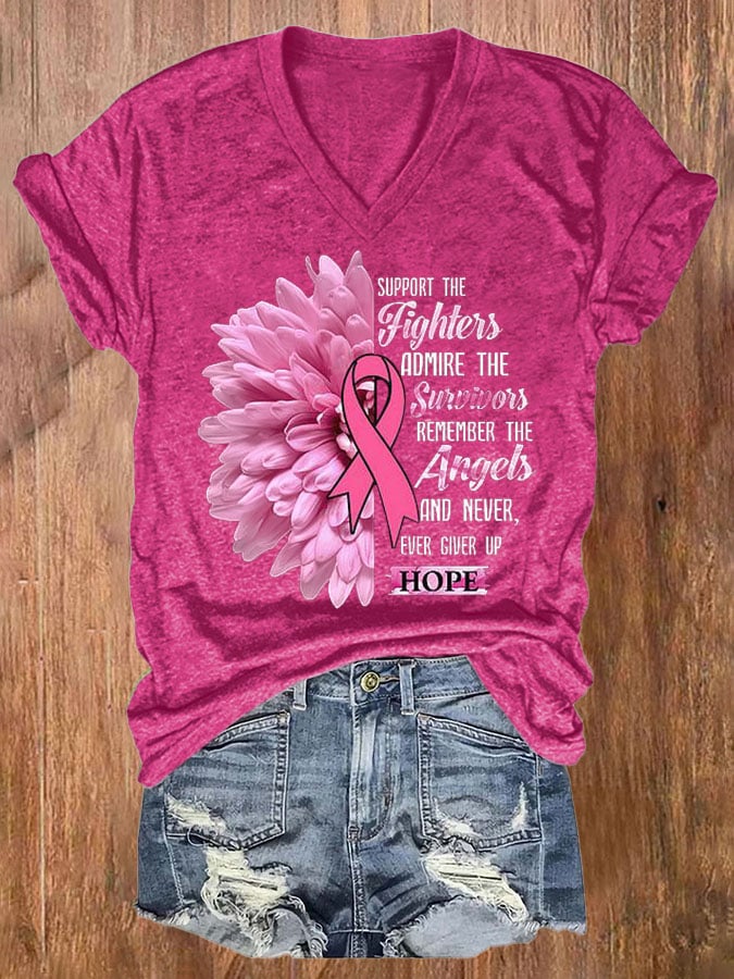 Women's Casual Breast Cancer Awareness Print Short Sleeve T-Shirt