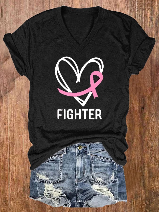 Women's Breast Cancer Awareness Printed V-Neck T-Shirt