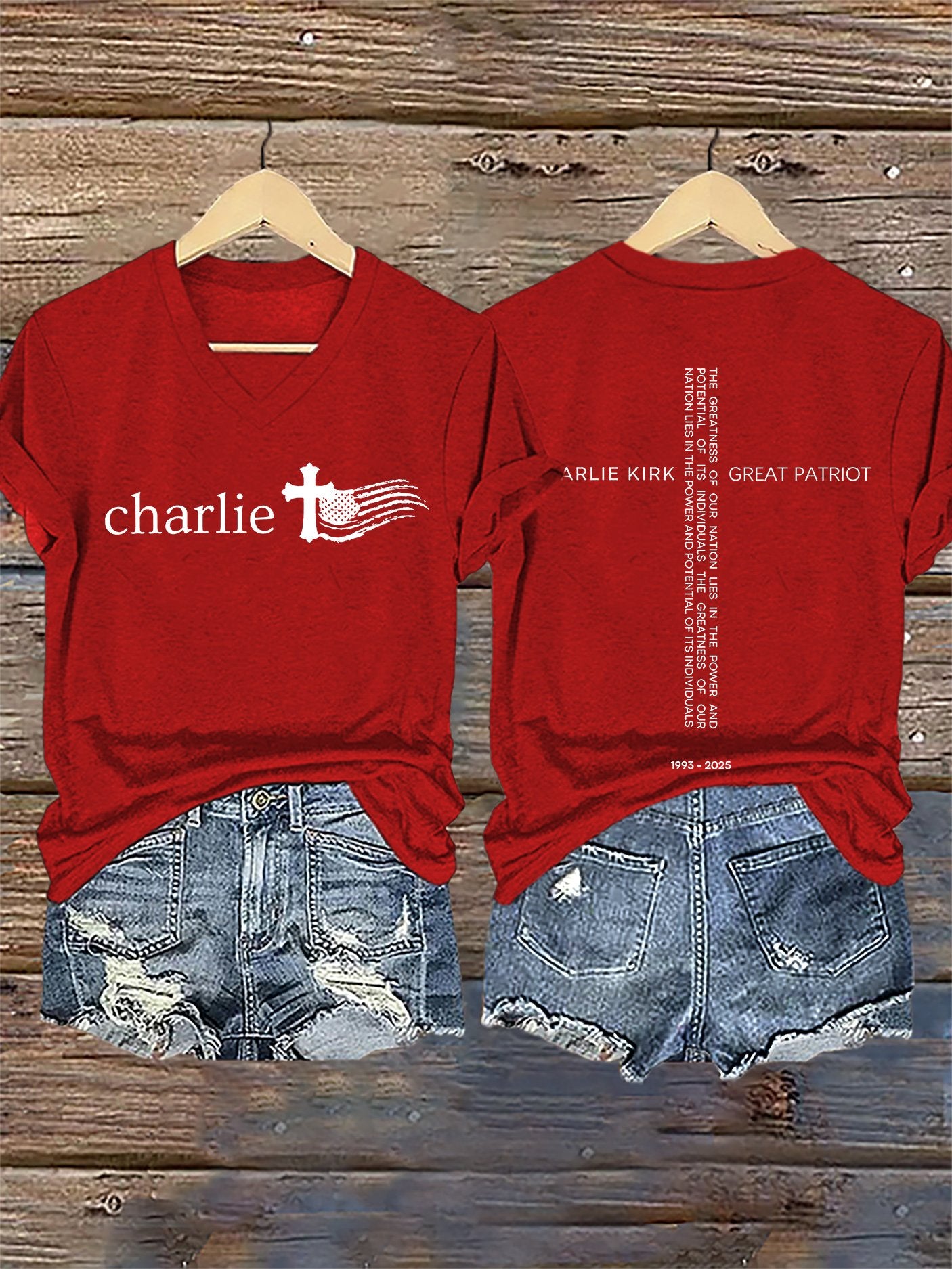 V-Neck Retro Faith Flag Cross The Greatness Of Our Nation Lies In The Power And Potential Of Its Individuals Print T-Shirt