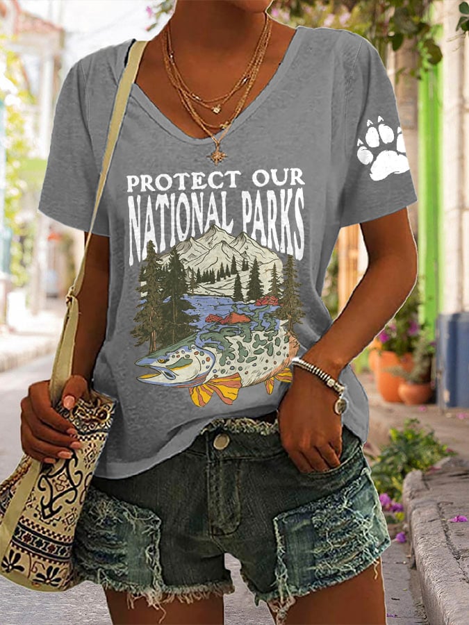 Women's Protect Our National Parks Print V Neck Casual T-Shirt