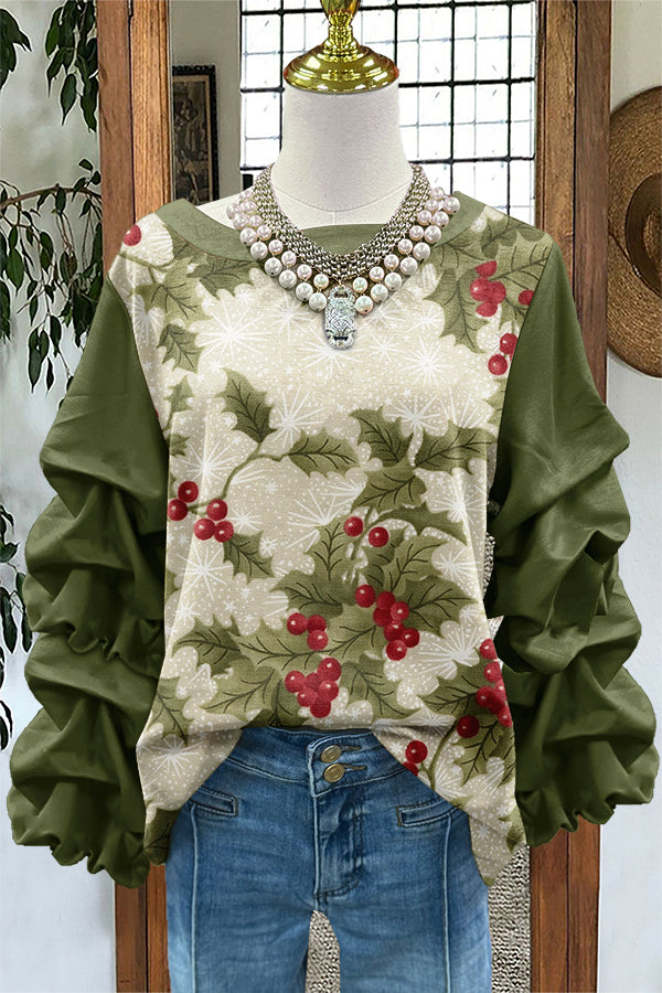 Sweet Christmas Print Pleated Sweatshirt