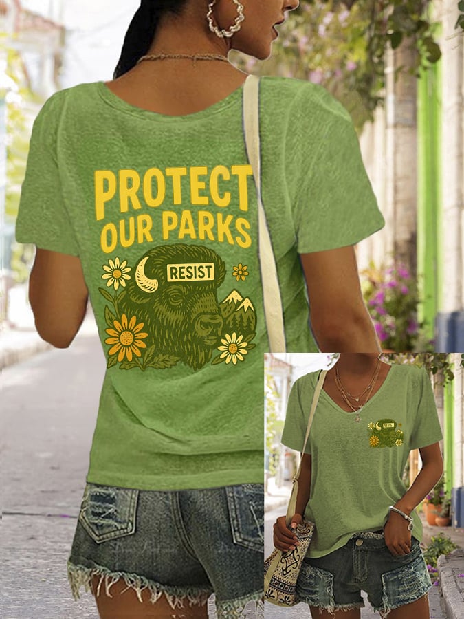 Women's Protect Our National Parks Print V Neck Casual T-Shirt