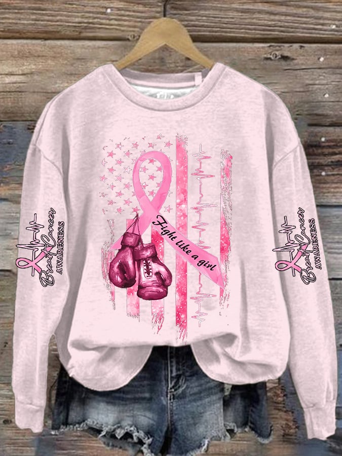 Women's Casual Breast Cancer Awareness Print Long Sleeve Sweatshirt