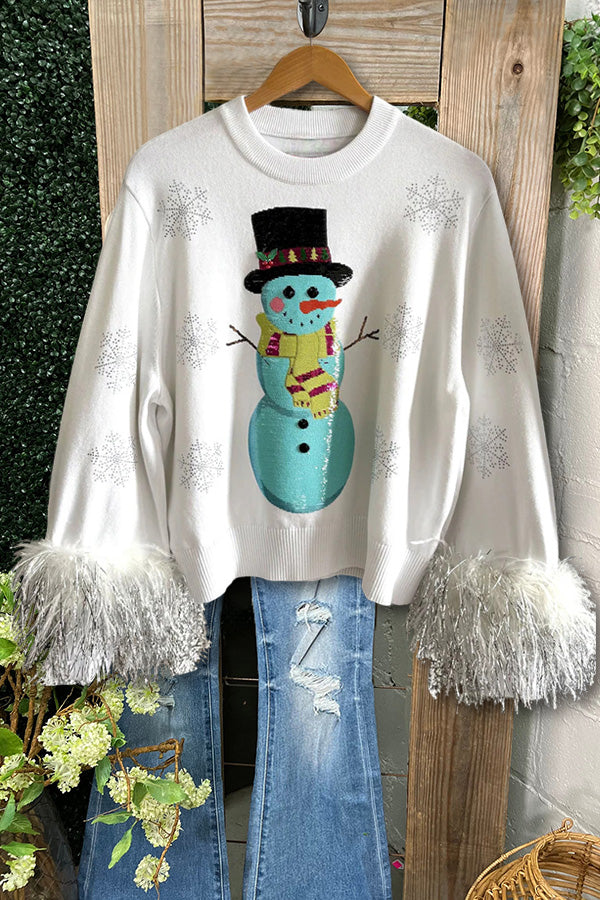 Sparkly Snowman Feather Sweater