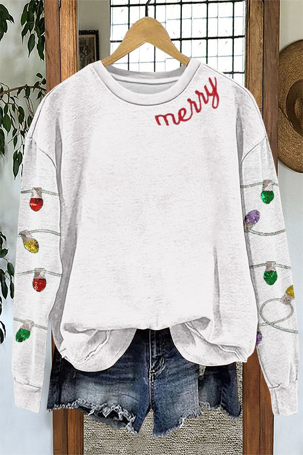 Cute Christmas Merry Lights Print Sweatshirt
