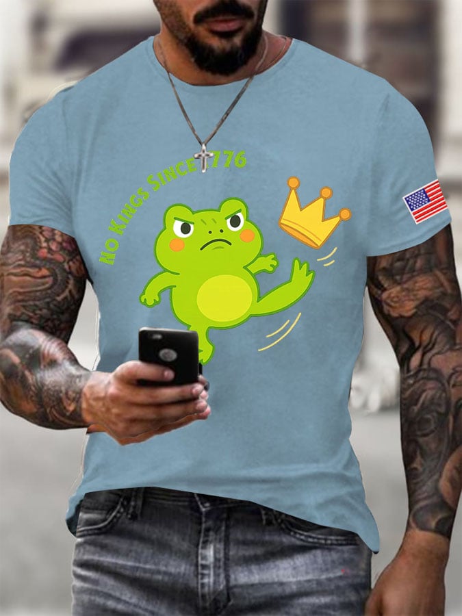 Men's No Kings Frog Printed Round Neck T-Shirt