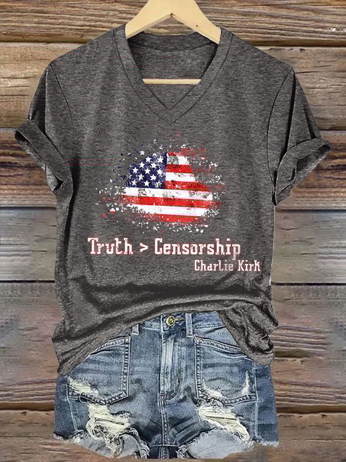 V-Neck Retro Truth > Censorship Print T-Shirt