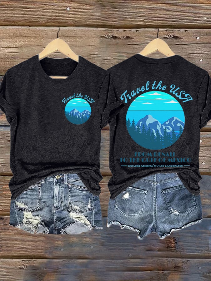 Retro Travel The Usa From Denali To The Gulf Of Mexico Explore America's Vast Landscapes Print T-Shirt