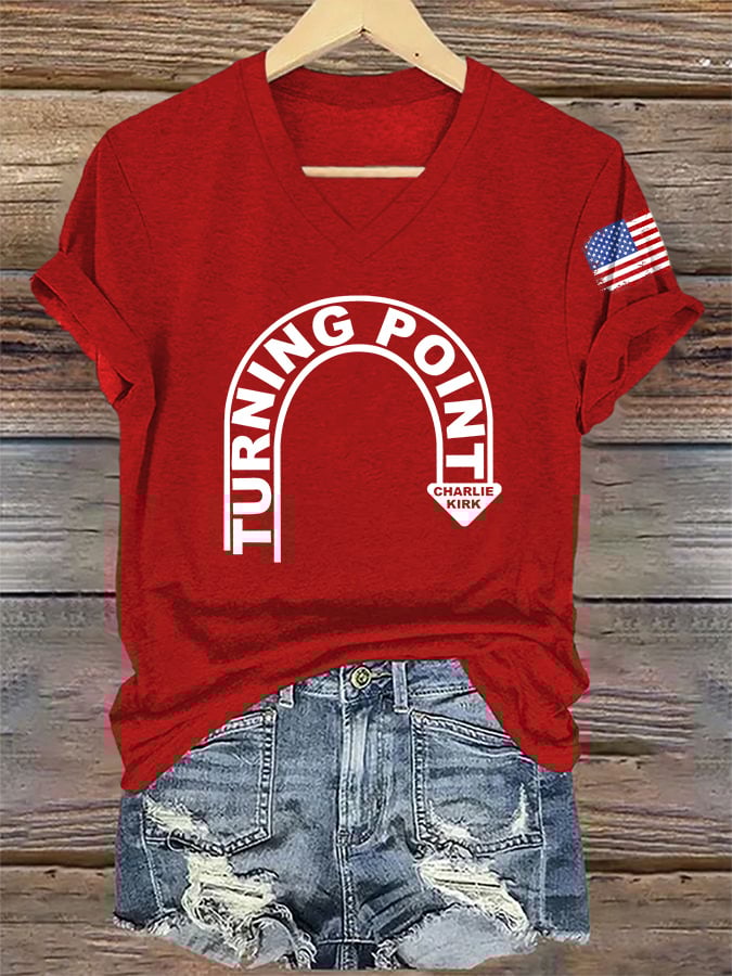 V-Neck Retro Turning Point Print T-Shirt