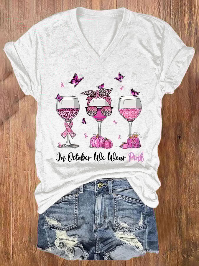 V-neck Breast Cancer Awareness Leopard Wine Glasses In October We Wear Pink Print T-Shirt