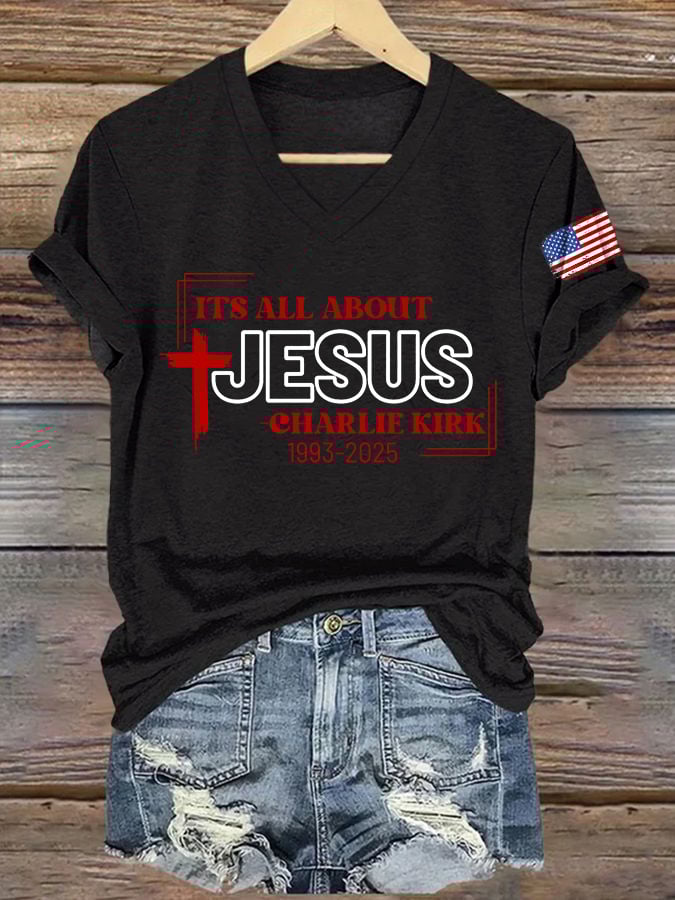 V-Neck Retro It's All About Jesus Print T-Shirt