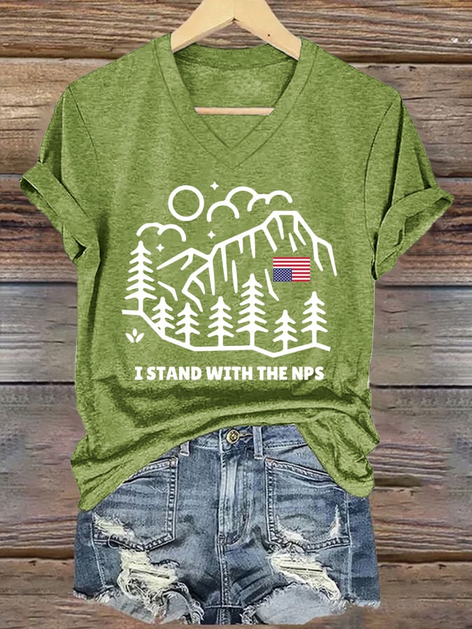 V-neck Retro I Stand With The NPS National Park Support Print T-Shirt
