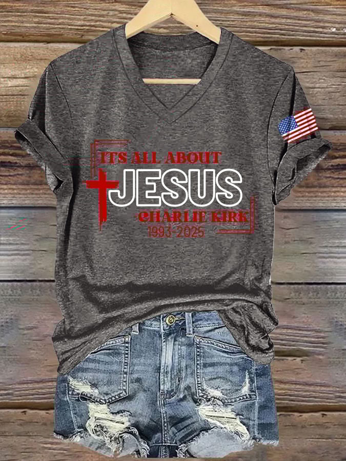 V-Neck Retro It's All About Jesus Print T-Shirt
