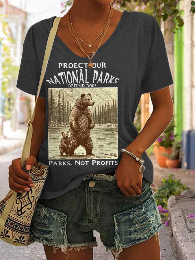 Women's Support National Parks Print V Neck Casual T-Shirt