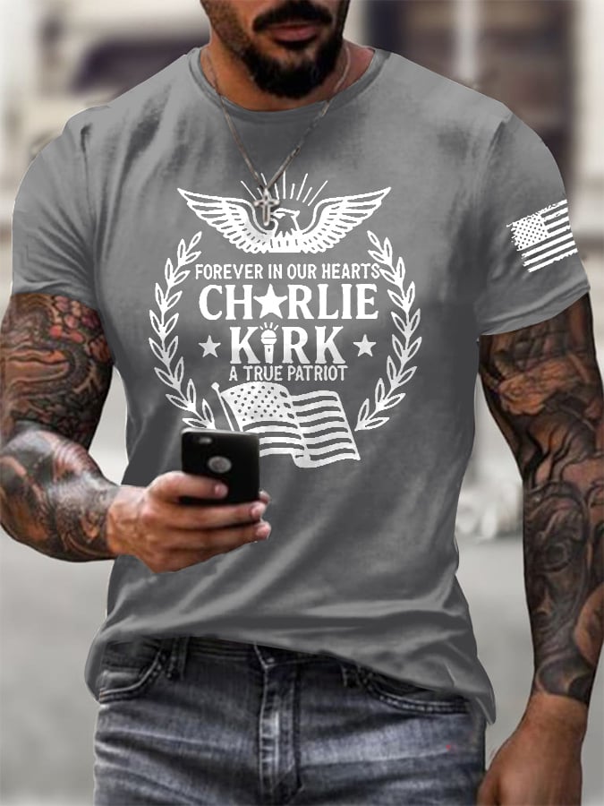 Men's Forever In Our Hearts A True Patriot Print Round Neck T-Shirt