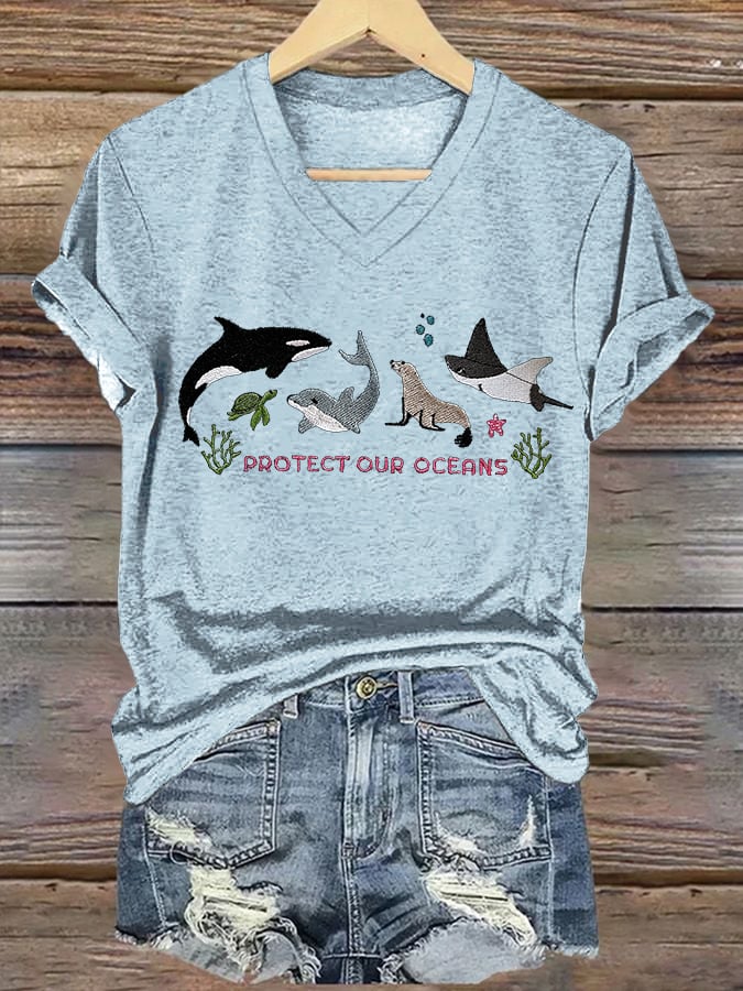 Women's Retro Protect Our Oceans Print T-Shirt