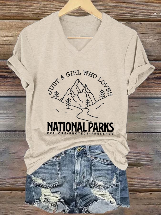 Women's Just A Girl Who Loves National Parks Printed V-Neck T-Shirt