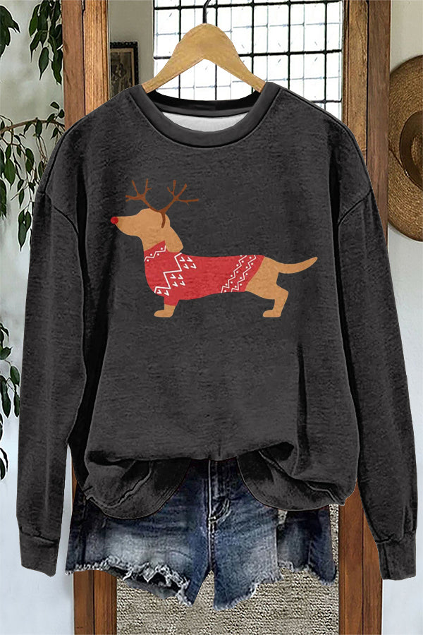 Cute Christmas Elk Dachshund Print Sweatshirt