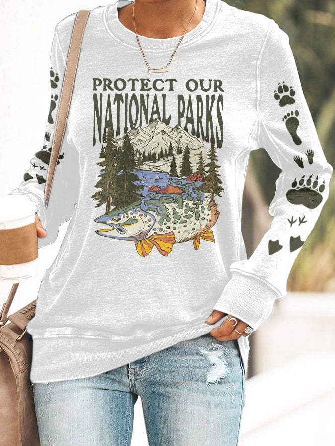 Women's Protect Our National Parks Print Round Neck Sweatshirt
