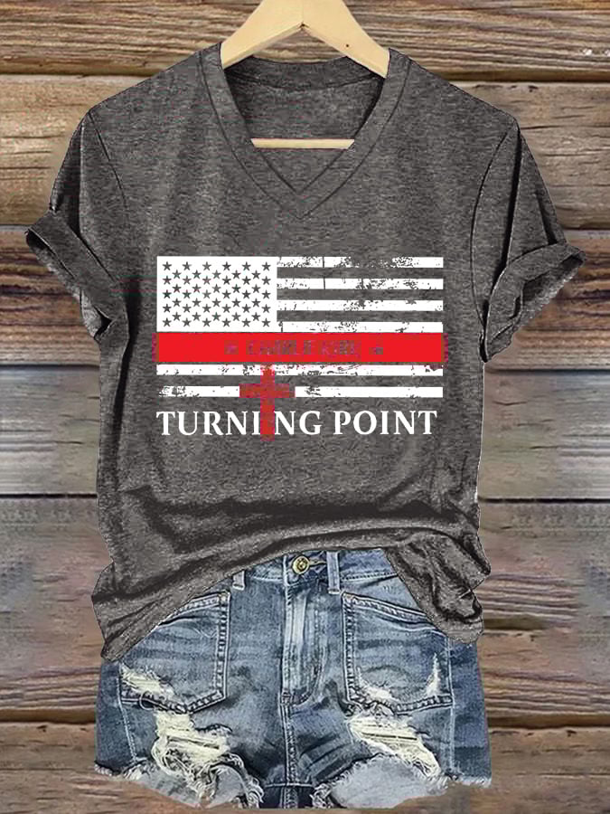 V-Neck Retro Faith Flag Cross America This Is The Turning Point Print T-Shirt