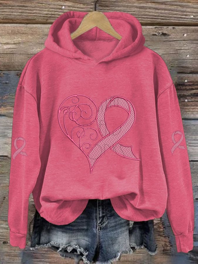 Women's Breast Cancer Awareness Heart Ribbon Print Sweatshirt
