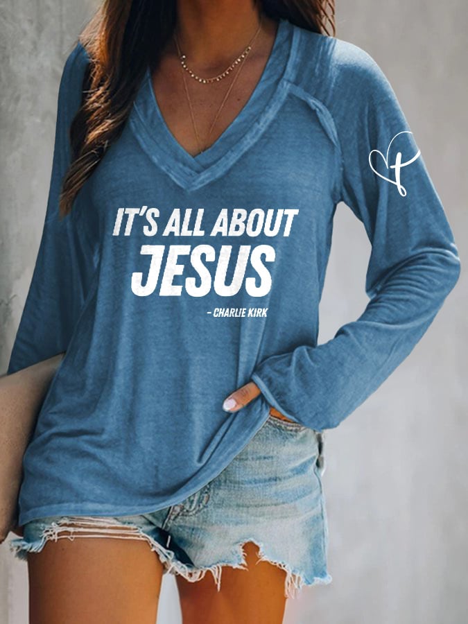 V-neck Retro It's All About Jesus Print T-Shirt