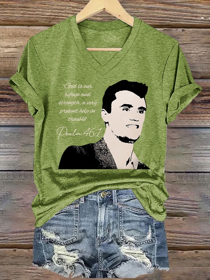 V-Neck Retro God Is Our Refuge And Strength, A Very Present Help In Trouble Psalm 46:1 Print T-Shirt