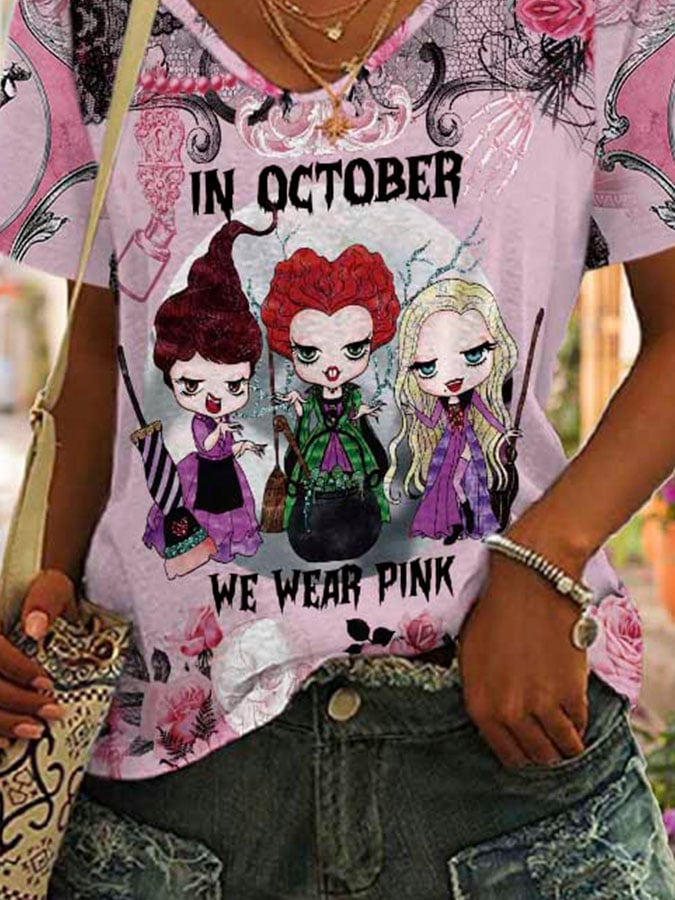 Breast Cancer Awareness Halloween Sisters In October We Wear Pink Print T-Shirt