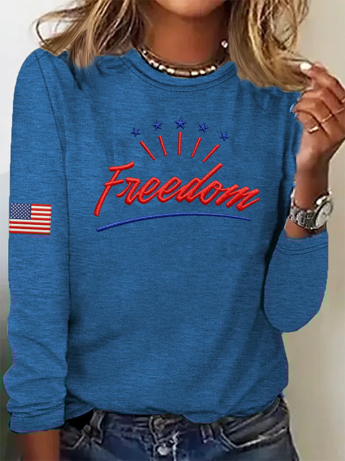Women's Casual Freedom Flag Contrast Color Cotton Long-Sleeved T-Shirt