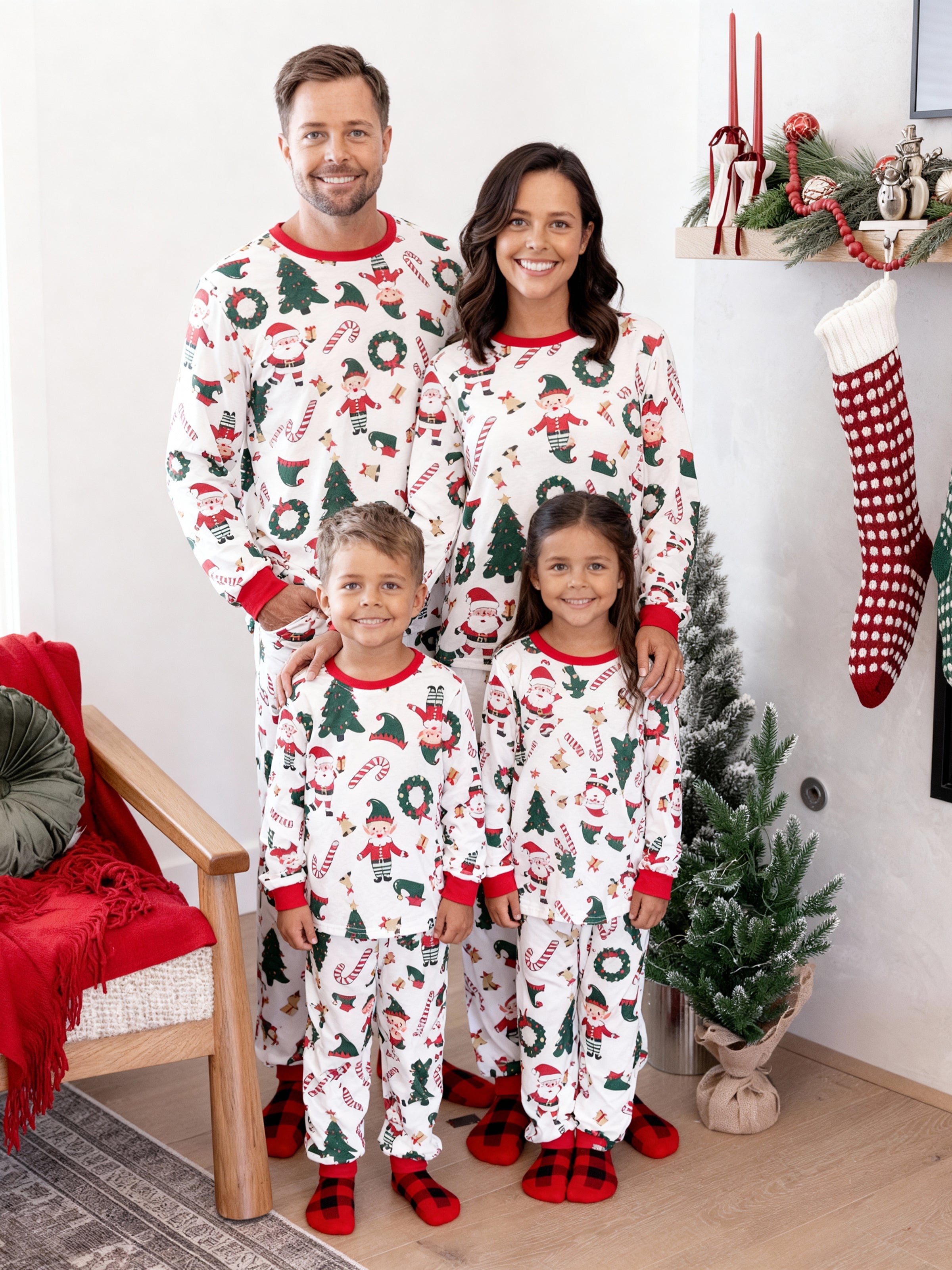 Christmas Matching Family Pajamas Set Santa Claus and Christmas Tree Print Long-sleeve PJS with Christmas Socks White