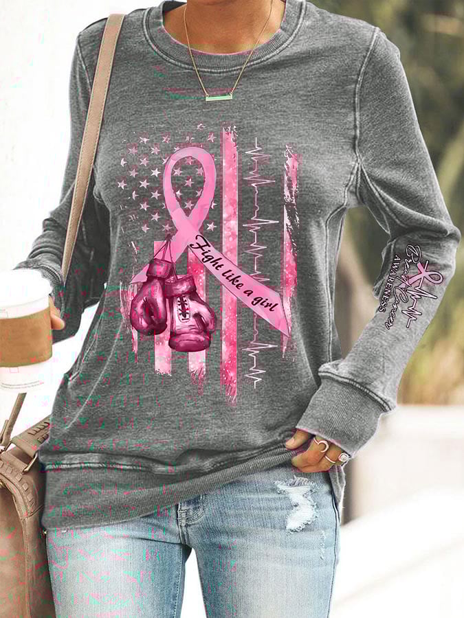 Women's Casual Breast Cancer Awareness Printed Long Sleeve Sweatshirt