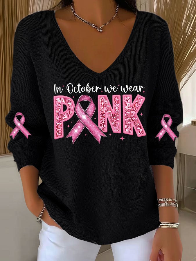 Women's Casual In October we wear PINK Print Long Sleeve T-shirt