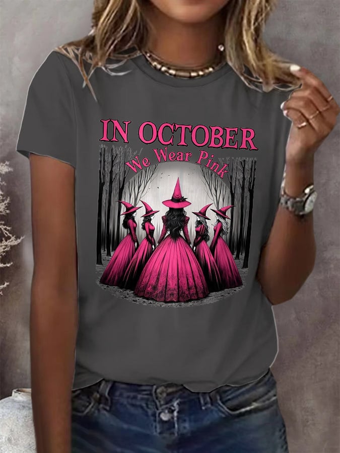 Women's Casual October We Wear Pink Witch Breast Cancer Art T-Shirt